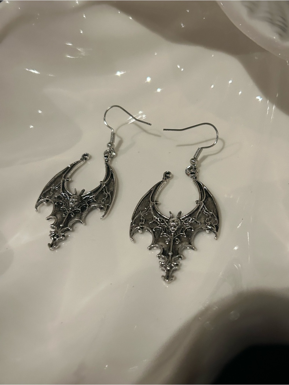 Silver Gothic Bat Wing Dangle Earrings